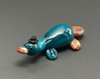 Spy Platypus Glass Sculpture with Perry Hat - small individually crafted glass miniature collectible fantasy