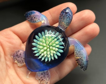 Glass Magical Sea Turtle Sculpture Figurine with Sea Urchin Shell, bubbles, opal fantasy colors - blown glass turtle