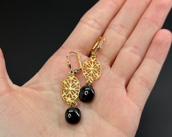 Black Glass on Gold Filigree Earrings 18k gold plated, kiln formed fused glass, victorian, fantasy, ornate, boroque, new vintage fashion