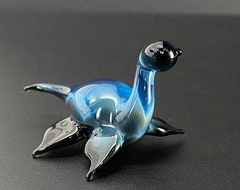 Nessie Sculpture Electric Blue Black Mini Glass Loch Ness Monster - plesiosaur- dinosaur - necklace - myths monster legend