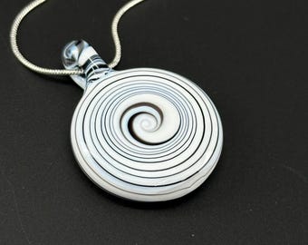 Spiral Glass Pendant - black and white Necklace - pin stripes beetlejuice trippy
