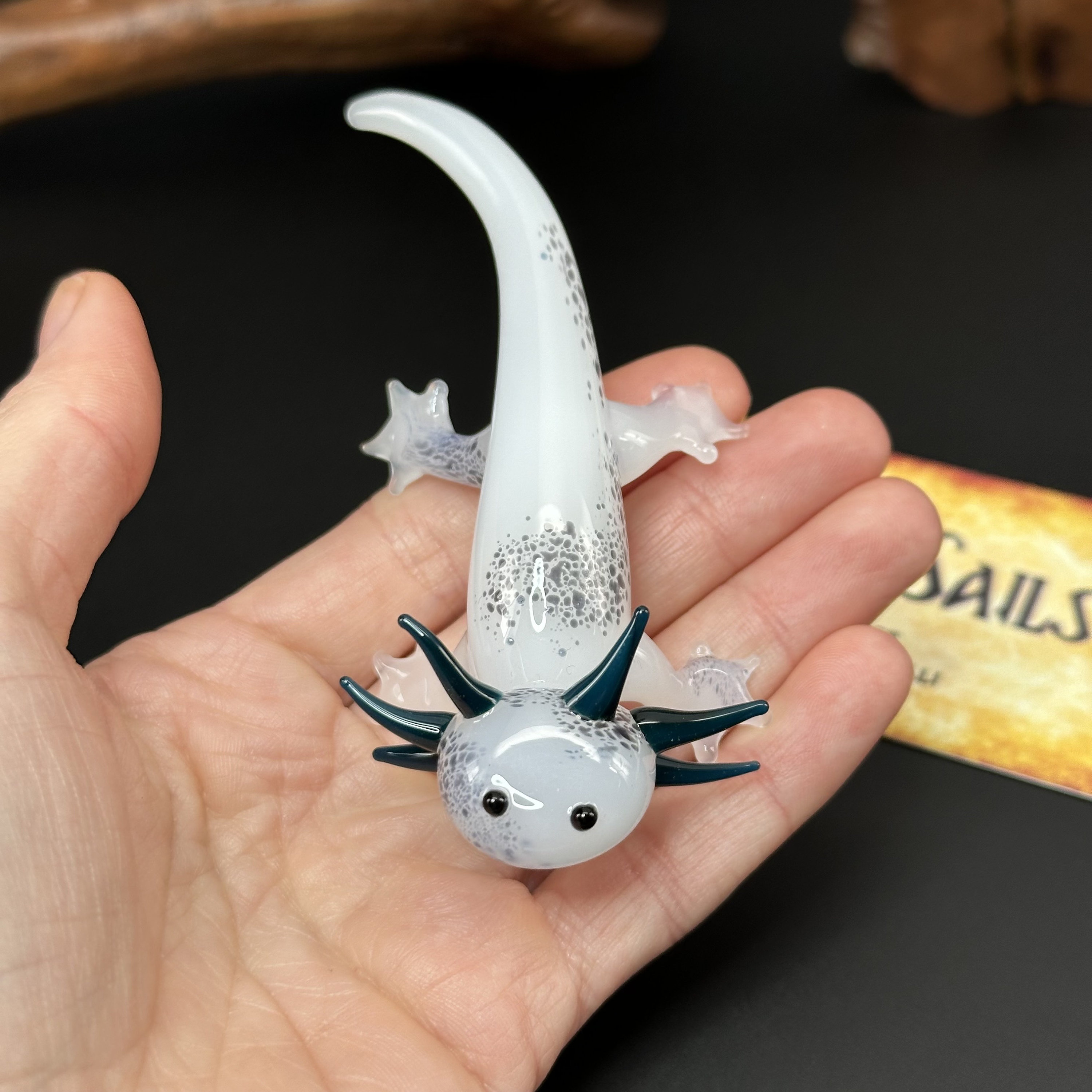 Handmade Glass Axolotl Sculpture – Speckled White and Blue, Miniature