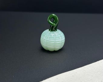 Mini Glass Pumpkin with Green Stripes - Sculpture or Necklace - Halloween Pendant - Tiny Figurine Decoration -