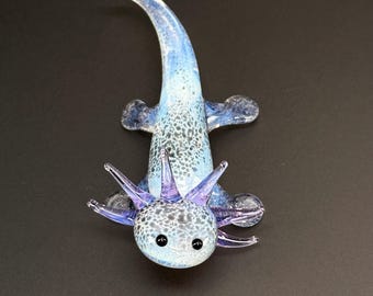 Baby Glass Axolotl Sculpture – Magical Flameworked Miniature Mud Puppy, Desk Decor