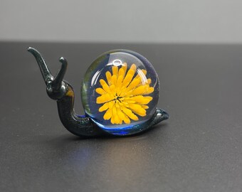 Dandelion Snail Glass Sculpture - Magical Flower Snail - fairy garden - garden snail - small figurine - glass animals - glass snail critter