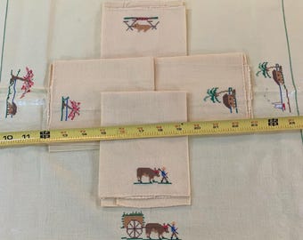 Obrus VTG haftowany ręcznie, kwadratowy, 34 cale, 4 pasujące serwetki, sztuka ludowa, Meksyk, plwocina