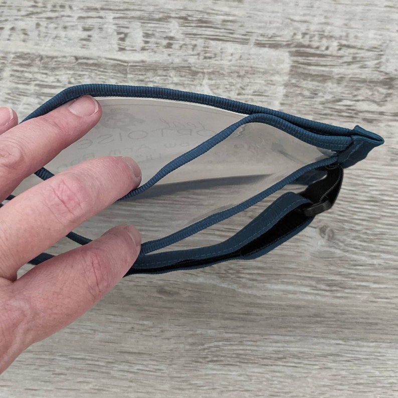 May include: A teal blue zippered pouch with a clear plastic window. The pouch has a black strap.