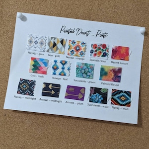 May include: A chart of fabric swatches with different patterns and colours. The swatches are labelled with names like "Navajo - grey", "Geo - gold", "Navajo - orange", "Spanish Floral", "Desert Sunset", "Geo - multi", "Navajo - teal", "Succulents - green", "Painted Desert", "Navajo - midnight", "Arrows - midnight", "Arrows - plum", "Succulents - coal", and "Navajo - multi".