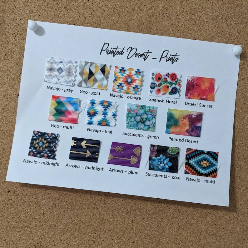 May include: A chart of fabric swatches with different patterns and colours. The swatches are labelled with names like "Navajo - grey", "Geo - gold", "Navajo - orange", "Spanish Floral", "Desert Sunset", "Geo - multi", "Navajo - teal", "Succulents - green", "Painted Desert", "Navajo - midnight", "Arrows - midnight", "Arrows - plum", "Succulents - coal", and "Navajo - multi".