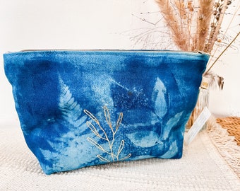 unique, large cosmetic bag, indigo blue, plant pattern, with golden motif, ferns, natural print