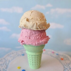 NEW Fake Ice Cream Faux Strawberry Vanilla Double Scoop on Cone Photo Prop Decor