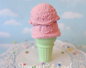 Fake Ice Cream Double Scoop Strawberry on Light Green Cone Hand Painted Food Photo Prop Gift Decor