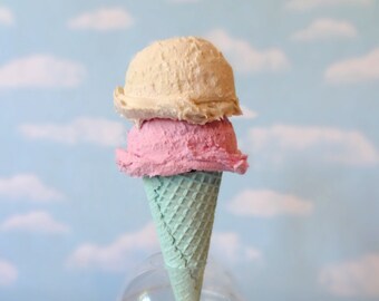 NEW Fake Ice Cream WAFFLE Cone Faux Strawberry Vanilla Double Scoop on Aqua Photo Prop Decor