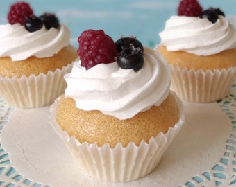 Fake Cupcake Raspberries and Cream SINGLE Faux Blueberries Food Decoration Prop