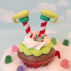 Fake Cupcake Realistic Christmas Holiday RED GREEN Elf Legs Shoes Faux Ornament Candy Stripe