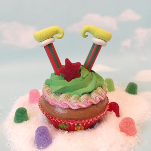Fake Cupcake Realistic Christmas Holiday RED GREEN Elf Legs Shoes Faux Ornament Candy Stripe