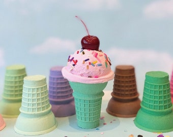 Fake Ice Cream: Single Scoop Pink with Sprinkles and Cherry, Flat Cake Cone