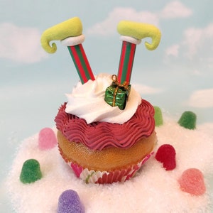 Fake Cupcake Realistic Christmas Holiday RED GREEN Elf Legs Shoes Faux Ornament Candy Stripe