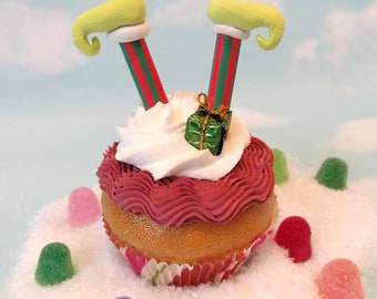 Fake Cupcake Realistic Christmas Holiday RED GREEN Elf Legs Shoes Faux Ornament Candy Stripe