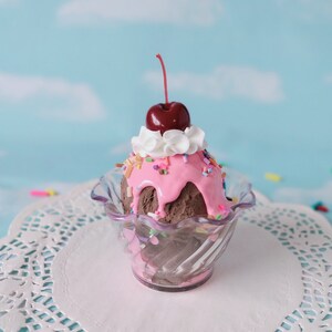 Fake Ice Cream Sundae Small Chocolate with Pink Sauce sauce Pastel Sprinkles Faux Food Prop