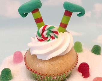 Fake Cupcake Realistic Christmas Holiday RED GREEN Elf Legs Shoes Faux Ornament Candy Stripe