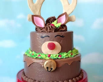 LIMITED EDITION Fake Cake Rudolph Reindeer Christmas Holiday Faux Winter Centerpiece Prop