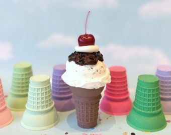 Fake Ice Cream: Single Scoop Cookies & Creme, Sauce and Cherry, Flat Cake Cone