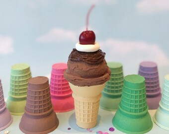 Fake Ice Cream: Single Scoop Chocolate, Sauce and Cherry, Flat Cake Cone Prop