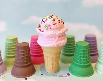Fake Ice Cream: Double Scoop Strawberry Pink with Sprinkles, Flat Cake Cone