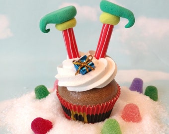 Fake Cupcake Realistic Christmas Holiday Elf Legs Shoes Faux Ornament Candy Stripe