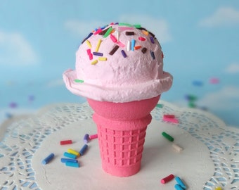 Fake Ice Cream Single Scoop Strawberry Pink with Sprinkles Realistic Faux Cake Cone Prop Decor
