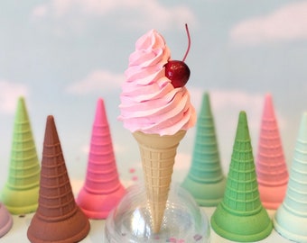 Fake Ice Cream: Soft Serve Pink with Cherry, Tall CONE COLOR CHOICE
