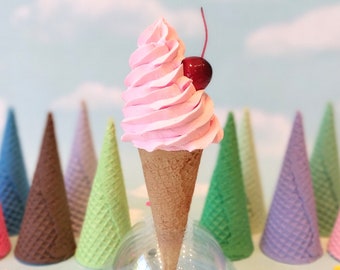 Fake Soft Serve Cherry Pink Ice Cream Cone Sugar Waffle Prop