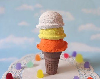 Fake Ice Cream Faux TRIPLE Scoop Halloween Candy Corn Cake Cone Food Photo Prop Gift Decor