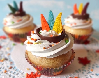 Fake Cupcake Thanksgiving Native American Indian Feathers Fondant Fall Autumn Decor Centerpiece