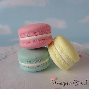 Fake Macarons 1.5&quot; Set Faux Macaron Pink Aqua Yellow Artificial Food Cookie Prop