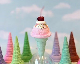 Fake Ice Cream: Single Scoop Pink with Sprinkles and Cherry, Tall Cone