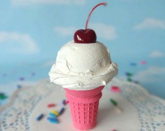 Fake Ice Cream Vanilla Cherry Faux Single Scoop Green Cake Cone Prop