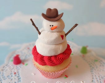 Realistic Fake Cupcake Handmade Christmas Cowboy Hat Snowman Faux Frosty