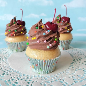 Fake Cupcake Chocolate Frosting Rainbow Ball Sprinkles Cherry SINGLE Prop Decoration