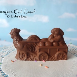 Fake Chocolate Bunny Rabbit and Rooster Cart SOLID Handmade Faux Easter Spring Centerpiece