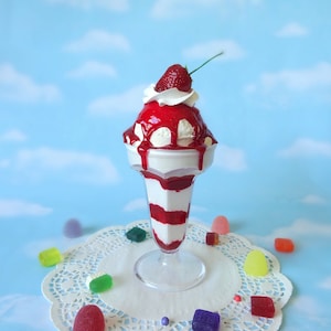 Fake Ice Cream Sundae Tall Milkshake Prop Vanilla with Strawberry Syrup Faux Food
