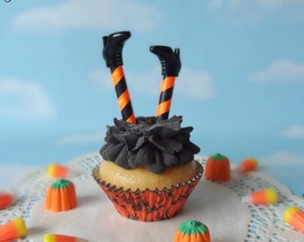 Fake Cupcake Handmade Halloween Frosting Witch Legs Boots Crash Landing
