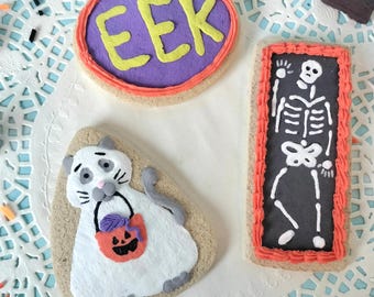 Fake Sugar Cookie Halloween Set of 3 Handmade Faux Ghost Cat, Skeleton