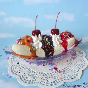 Fake Banana Split Ice Cream Faux Food Prop Chocolate, Strawberry, Caramel and Sprinkles 2