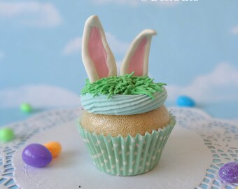 Fake Cupcake Handmade Easter Spring Faux Vanilla Fondant Bunny Rabbit Ears Home Decor