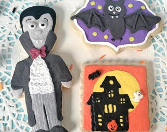 Fake Sugar Cookie Halloween Set of 3 Handmade Faux Dracula, Bat, Haunted House