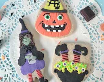 Fake Sugar Cookie Halloween Set of 3 Handmade Faux Witch, Cauldron, Pumpkin