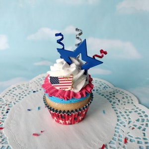Fake Cupcake SINGLE Red White and Blue USA Patriotic Fourth of July Stars Decor Fireworks