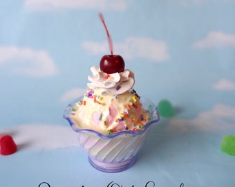 Fake Ice Cream Sundae Small Strawberry with White Chocolate sauce Pastel Sprinkles Small Faux Food Prop